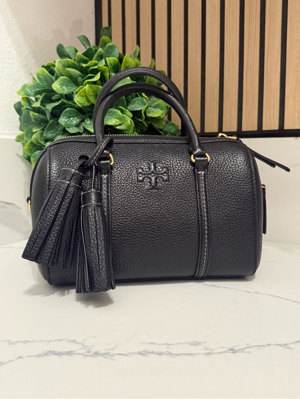 Tory Burch Black Pebbled Leather Mini Satchel with Tassels